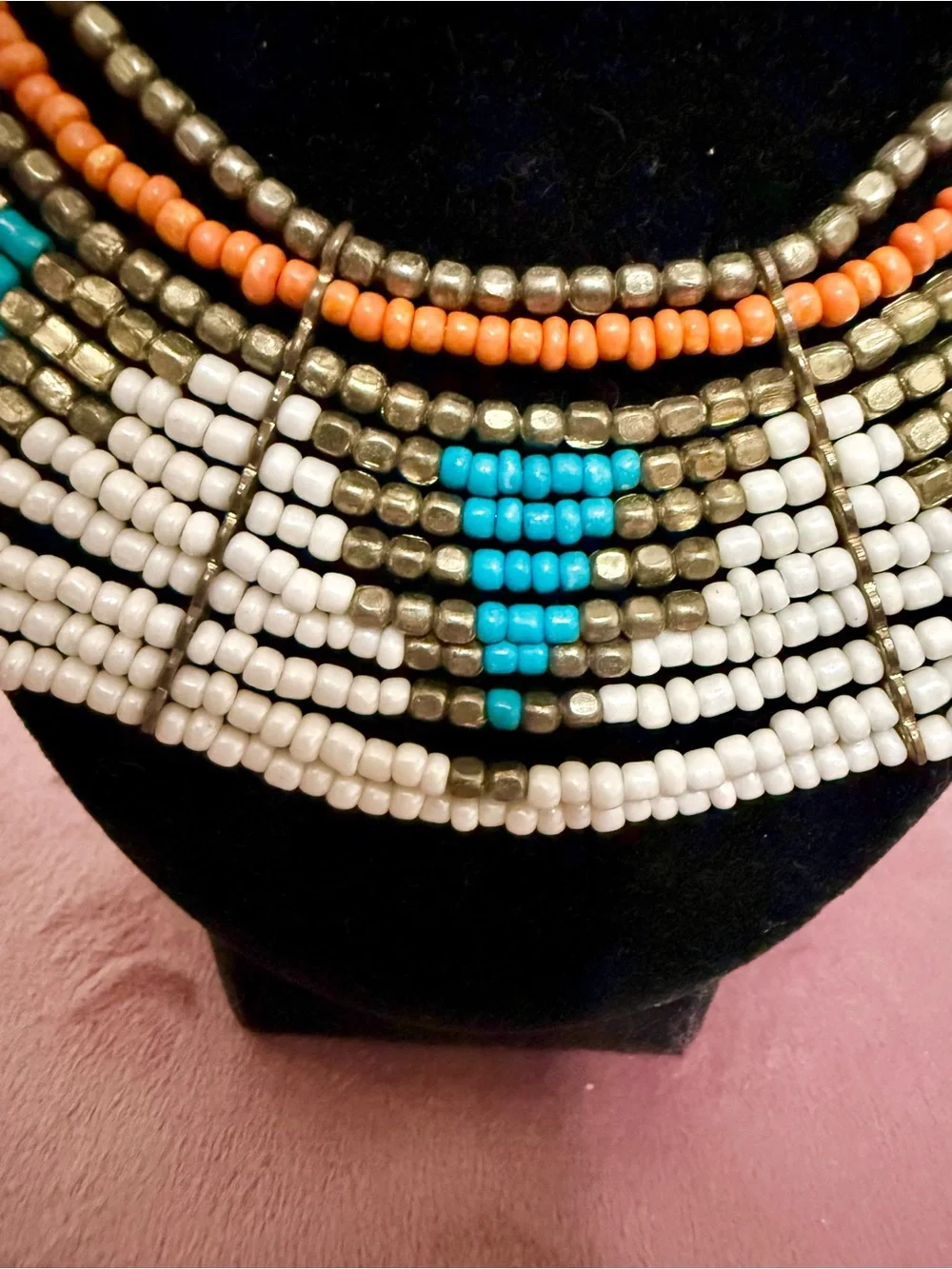 Beautiful Handmade Beaded Statement Necklace in White, Turquoise & Gold